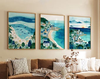 Set of 3 Carbis Bay Travel Posters, Cornwall Coastal Wall Art, UK Beach Prints, Vintage Seaside Decor, Modern Travel Artwork for Home