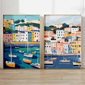 Brixham Poster Set of 2, Devon Travel Print, Vintage UK Coastal Wall Art, Retro Seaside Poster, Scenic Harbour Artwork, Home Decor