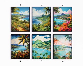 Martinique Poster Sets, Caribbean Travel Prints, Floral Art, Tropical Decor, Folk Art Poster, Gallery Wall, Travel Gift, A1/A2/A3/A4