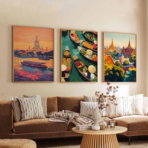 Set of 3 Bangkok Posters, Thailand Travel Posters, Bangkok Skyline Wall Art, Cityscape Prints Set, Modern Bangkok Poster Decor