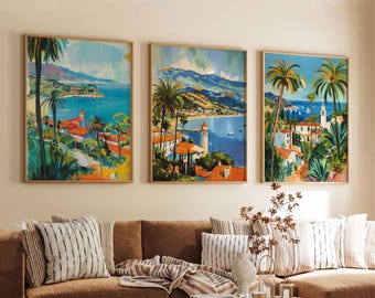Set of 3 Santa Barbara Posters, California Travel Prints, Coastal Wall Art Sets, Beach Scene Posters, USA Cityscape Home Decor