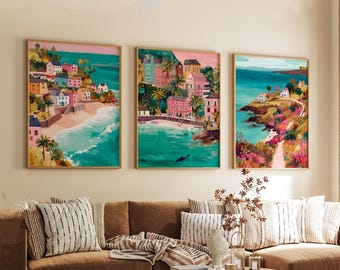 Set of 3 Carbis Bay Travel Posters, Cornwall Coastal Wall Art, UK Beach Prints, Vintage Seaside Decor, Modern Travel Artwork for Home