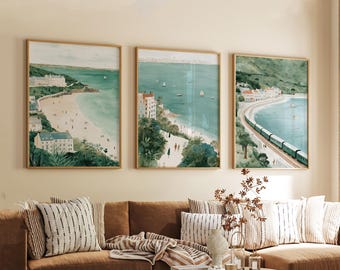 Set of 3 Carbis Bay Travel Posters, Cornwall Coastal Wall Art, UK Beach Prints, Vintage Seaside Decor, Modern Travel Artwork for Home