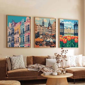 Set of 3 Brussels Posters, Belgium Travel Posters, Brussels Wall Art, Cityscape Prints Set, European Landmark Poster Decor