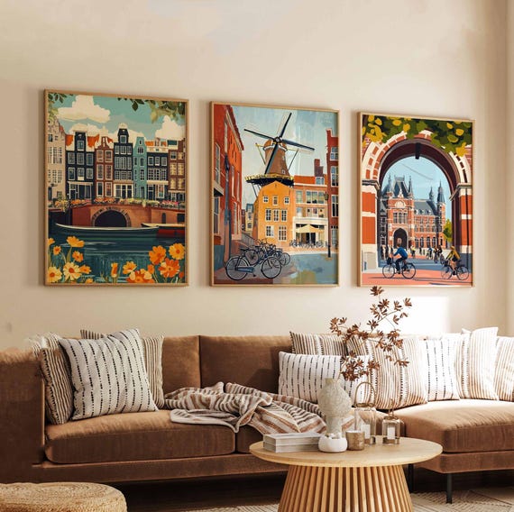 Set of 3 Amsterdam Posters, Netherlands Travel Posters, Dutch Wall Art Prints, Iconic Amsterdam Poster Set, European City Prints