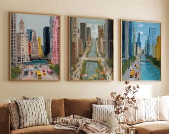 Chicago Illinois Poster Set Of 3 Travel Wall Art Usa City Skyline Lake Michigan Print, Vintage Minimalist Style