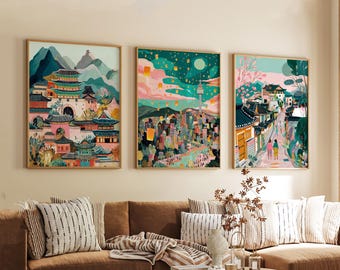 Set of 3 Korea Posters, Asian Travel Wall Art, City and Landscape