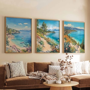 Set of 3 Lake Tahoe Posters, USA Travel Prints, California Nevada Wall Art Sets, Nature Landscape Poster Decor, Scenic Lake Print Set