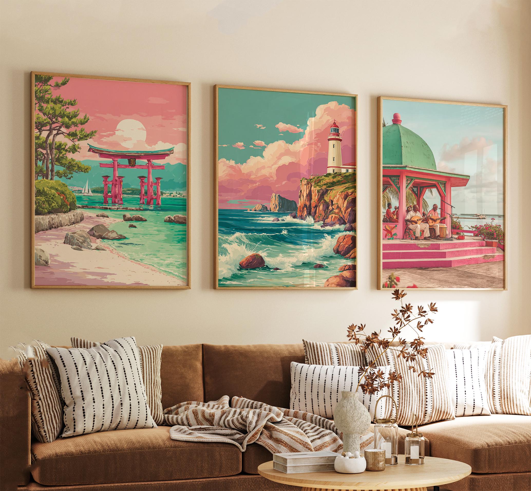 Okinawa Japan Poster Set of 3, Vintage Inspired Tropical Island