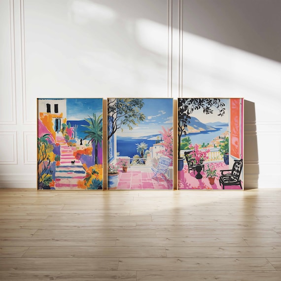 Set of 3 Greek Posters, Vintage Greece Travel Prints, Greece Travel Art, Floral Wall Art, European Travel Art Poster, Greece Decor