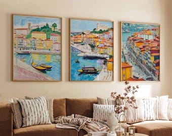 Set of 3 Porto Portugal Travel Posters, Portuguese Wall Art Prints, Douro River Decor, Cityscape Travel Print, Porto Art Gift for Home