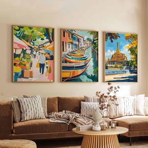 Set of 3 Bangkok Posters, Thailand Travel Posters, Bangkok Skyline Wall Art, Cityscape Prints Set, Modern Bangkok Poster Decor
