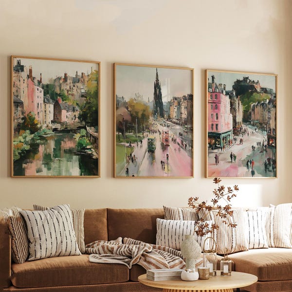 Set of 3 Edinburgh Posters, Scottish City Wall Art, Travel Print Set, Modern Architecture Artwork, Urban Home Decor, UK Landscape Style