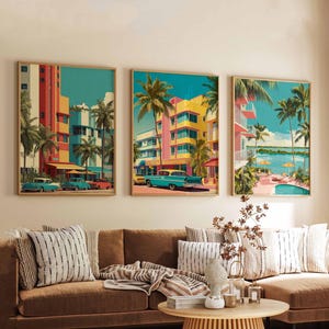 Set van 3 Miami-posters, Florida-reisafdrukken, strand muurkunst sets, kleurrijk decor skyline poster, kuststad print cadeau