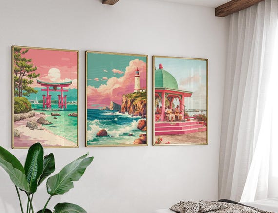 Okinawa Japan Poster Set of 3, Vintage Inspired Tropical Island