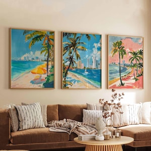 Set van 3 Miami-posters, Florida-reisafdrukken, strand muurkunst sets, kleurrijk decor skyline poster, kuststad print cadeau