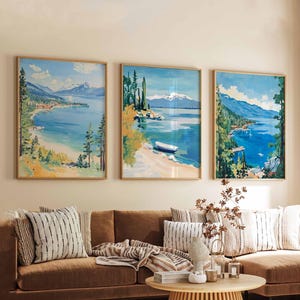 Set of 3 Lake Tahoe Posters, USA Travel Prints, California Nevada Wall Art Sets, Nature Landscape Poster Decor, Scenic Lake Print Set