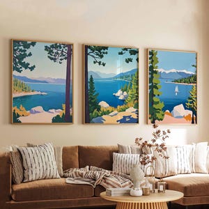 Set of 3 Lake Tahoe Posters, USA Travel Prints, California Nevada Wall Art Sets, Nature Landscape Poster Decor, Scenic Lake Print Set