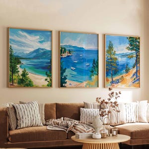 Set of 3 Lake Tahoe Posters, USA Travel Prints, California Nevada Wall Art Sets, Nature Landscape Poster Decor, Scenic Lake Print Set