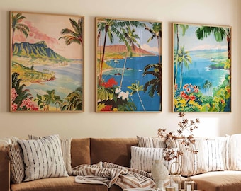 May include: Three framed vintage travel posters showcasing scenic views of a tropical island with palm trees, lush greenery, and a blue ocean. The posters are displayed on a wall above a brown leather sofa.