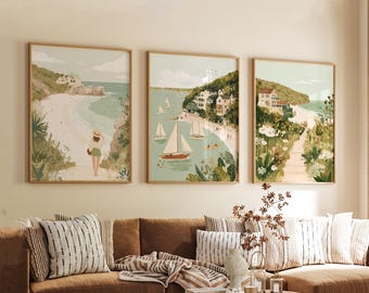 Set of 3 St Austell Bay Posters, Cornwall Coastal Wall Art, Seaside Print Set, Beach Decor, Modern Travel Artwork, British Coastal Style