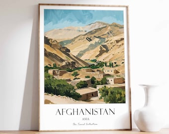 May include: A vintage travel poster featuring a colourful illustration of a mountainous landscape with a small village nestled in the valley. The poster is titled "Afghanistan, Asia" and includes the text "The Travel Collection".
