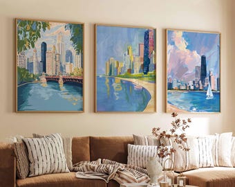Set of 3 Chicago Illinois Posters, Travel Posters Set, Chicago Prints, Illinois Wall Art, Chicago City Decor, Chicago Skyline Print