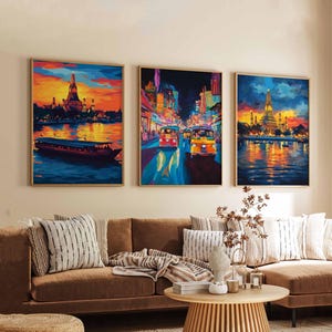 Set of 3 Bangkok Posters, Thailand Travel Posters, Bangkok Skyline Wall Art, Cityscape Prints Set, Modern Bangkok Poster Decor