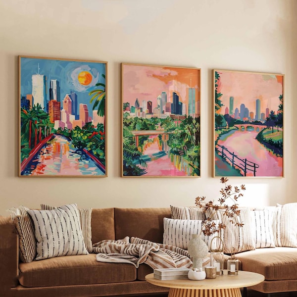 Set of 3 Houston Posters, Texas Wall Art Prints, Houston Travel Poster Set, City Skyline Prints, Urban Landscape Posters