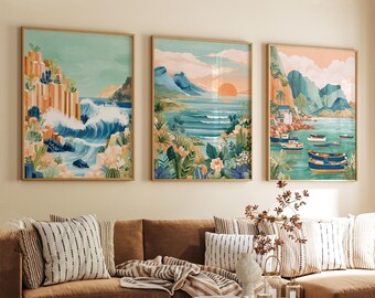 Jeju Island South Korea Poster Set of 3, Vintage Inspired Coastal