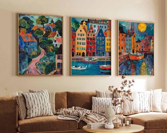 Set of 3 Copenhagen Posters, Denmark Prints, Scandinavian Wall Art, Copenhagen City Decor, Colourful Travel Poster, Nordic Design Gift