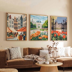 Set of 3 Brussels Posters, Belgium Travel Posters, Brussels Wall Art, Cityscape Prints Set, European Landmark Poster Decor
