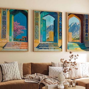 May include: Three framed art prints depicting archways with steps, showcasing vibrant colors and intricate patterns. The artwork features scenes of landscapes with mountains, trees, and open doors, creating a sense of depth and perspective. The prints are displayed above a brown sofa with decorative pillows.