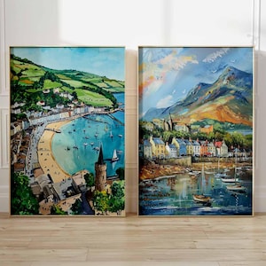 Carlingford Poster Set von 2, Irland Reise-Druck, Vintage UK Küsten Wandkunst, Retro Seaside Poster, Malerisches irisches Dorf Kunstwerk