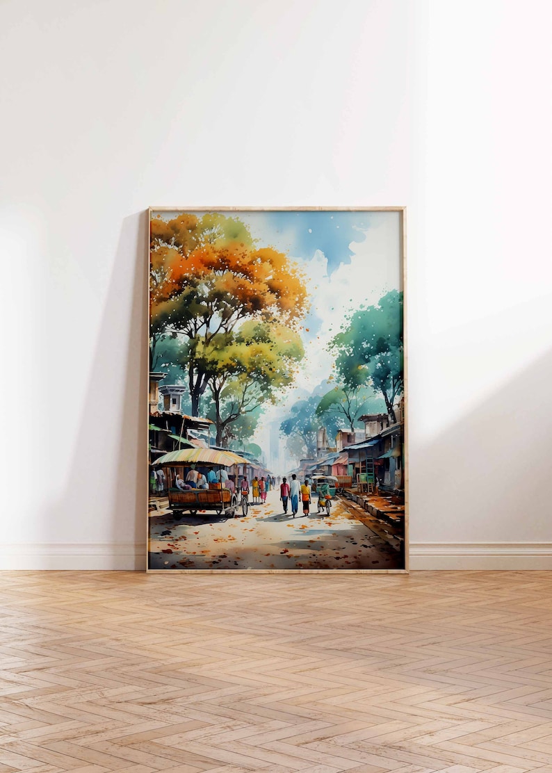 May include: Watercolor painting of a street scene in a village. The street is lined with shops and trees. People are walking down the street. The painting is framed in a wooden frame.