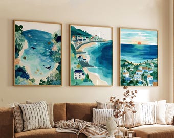 Set of 3 Carbis Bay Travel Posters, Cornwall Coastal Wall Art, UK Beach Prints, Vintage Seaside Decor, Modern Travel Artwork for Home