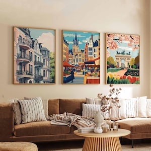 Set of 3 Brussels Posters, Belgium Travel Posters, Brussels Wall Art, Cityscape Prints Set, European Landmark Poster Decor