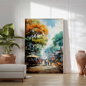 May include: Watercolor painting of a street scene in a village. The painting features a group of people walking down a street lined with trees and buildings. The sky is blue with white clouds. The painting is framed in a gold frame.