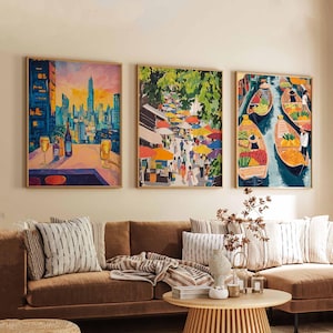 Set of 3 Bangkok Posters, Thailand Travel Posters, Bangkok Skyline Wall Art, Cityscape Prints Set, Modern Bangkok Poster Decor