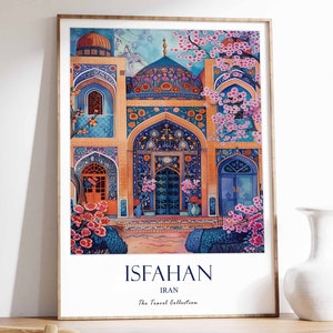 May include: A colourful illustration of a traditional Iranian building with intricate details and floral patterns. The building has a blue and green tiled facade with a large archway and a red door. The building is surrounded by pink flowers and trees. The text "ISFAHAN, IRAN, The Travel Collection" is at the bottom of the image.