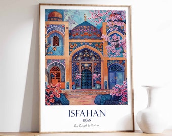 May include: A colourful illustration of a traditional Iranian building with intricate details and floral patterns. The building has a blue and green tiled facade with a large archway and a red door. The building is surrounded by pink flowers and trees. The text "ISFAHAN, IRAN, The Travel Collection" is at the bottom of the image.