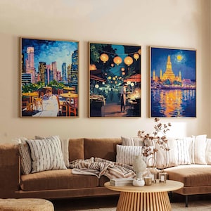 Set of 3 Bangkok Posters, Thailand Travel Posters, Bangkok Skyline Wall Art, Cityscape Prints Set, Modern Bangkok Poster Decor