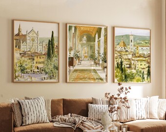 Set of 3 Florence Posters, Italy Travel Wall Art, City Print Set, Modern Architecture Artwork, Tuscan Home Decor, European Landscape Style