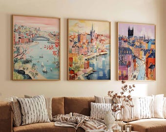 Set of 3 New Castle Posters, UK Prints, Newcastle Travel Poster Sets, Modern Wall Art, Cityscape Home Decor, Urban Prints