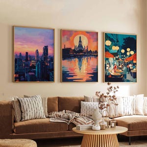 Set of 3 Bangkok Posters, Thailand Travel Posters, Bangkok Skyline Wall Art, Cityscape Prints Set, Modern Bangkok Poster Decor