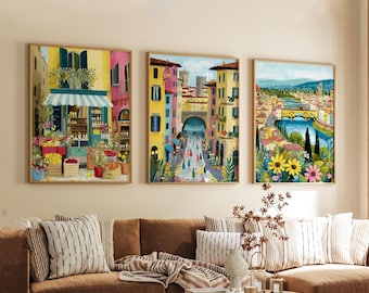 Set of 3 Florence Posters, Italy Travel Wall Art, City Print Set, Modern Architecture Artwork, Tuscan Home Decor, European Landscape Style