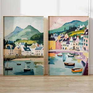 Carlingford Poster Set von 2, Irland Reise-Druck, Vintage UK Küsten Wandkunst, Retro Seaside Poster, Malerisches irisches Dorf Kunstwerk