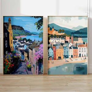 Carlingford Poster Set von 2, Irland Reise-Druck, Vintage UK Küsten Wandkunst, Retro Seaside Poster, Malerisches irisches Dorf Kunstwerk