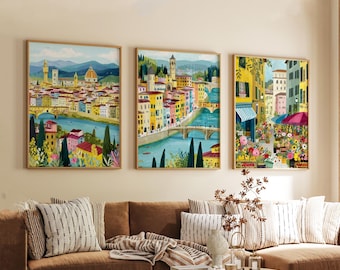 Set of 3 Florence Posters, Italy Travel Wall Art, City Print Set, Modern Architecture Artwork, Tuscan Home Decor, European Landscape Style
