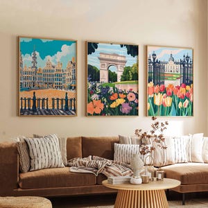 Set of 3 Brussels Posters, Belgium Travel Posters, Brussels Wall Art, Cityscape Prints Set, European Landmark Poster Decor